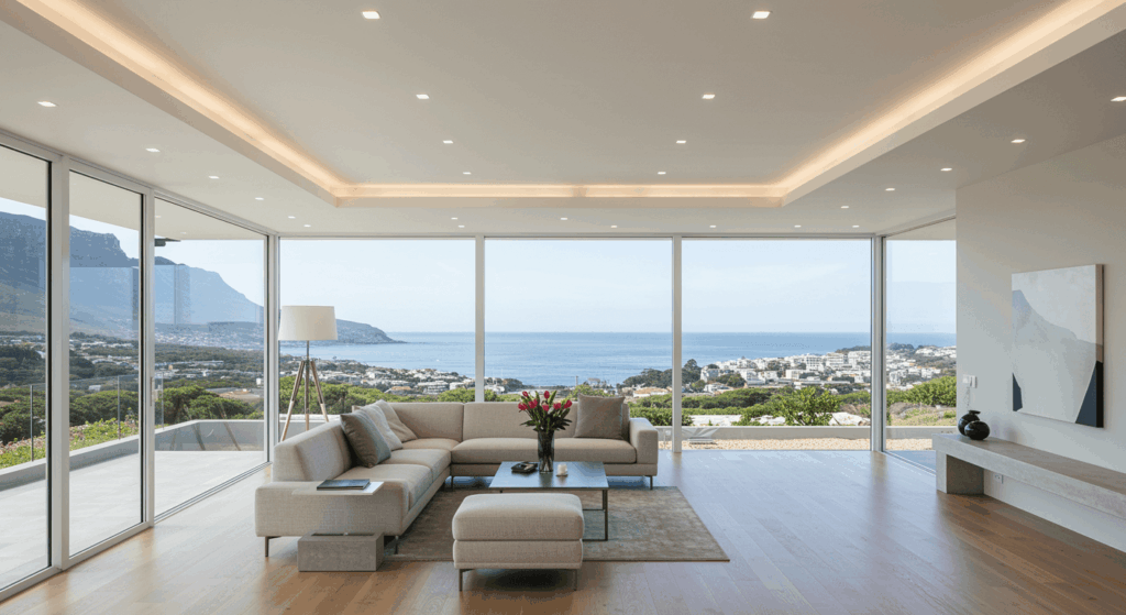 A bright, modern interior of a luxury Cape Town home featuring a sleek PVC ceiling with soft recessed lighting. The space should look elegant, minimalistic, and airy — think neutral tones, high-quality finishes, and coastal sophistication. Large windows reveal scenic views typical of suburbs like Constantia, Claremont, Rondebosch, and Durbanville. The setting should convey comfort, contemporary design, and premium craftsmanship, reflecting an upscale lifestyle.PVC ceiling installation in Cape Town