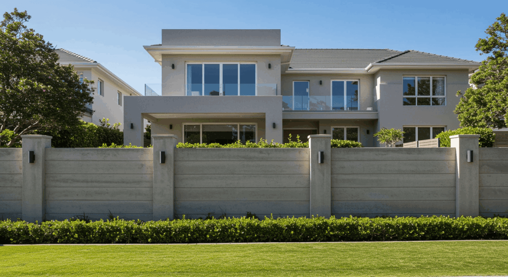 Vibracrete Wall Installation in Cape Town A modern Cape Town property with a beautifully designed vibracrete boundary wall surrounding a stylish home in an upmarket suburb like Constantia or Claremont. The wall should have a clean, decorative finish (textured concrete or smooth, light-toned panels) with subtle landscaping — green hedges, manicured lawn, or indigenous plants along the base. The home beyond the wall should feature contemporary architecture with large windows, neutral tones, and elegant design elements. The overall mood should convey security, sophistication, and modern living in a premium neighbourhood.