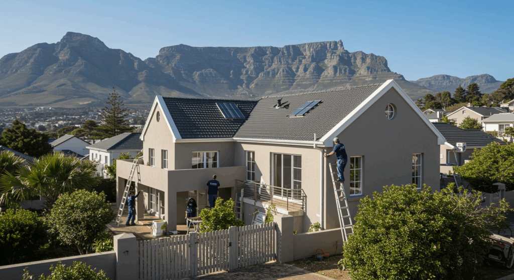 property maintenance in Cape Town A modern Cape Town suburban home under maintenance — a clean, contemporary property in Claremont or Constantia style, surrounded by greenery and mountain views. A professional maintenance team in branded uniforms (with CM Tech logo or generic) is working on the roof, painting walls, and inspecting fencing. The scene feels neat, trustworthy, and professional, showing attention to detail and care. Include warm natural lighting, a bright clear sky, and subtle Cape Dutch or modern architecture cues that reflect upper-middle to upper-class Cape Town homes.