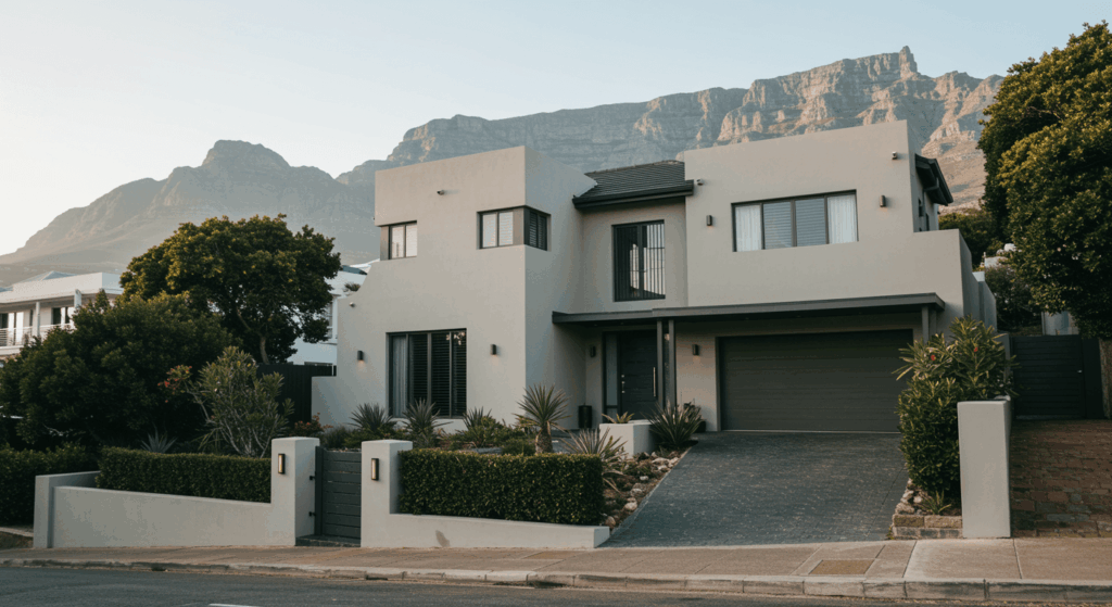 Modern home renovation in Cape Town featuring sustainable materials, low-maintenance landscaping, and smart home integrations, illustrating top property maintenance trends Cape Town 2025 in upscale suburbs like Constantia and Rondebosch.