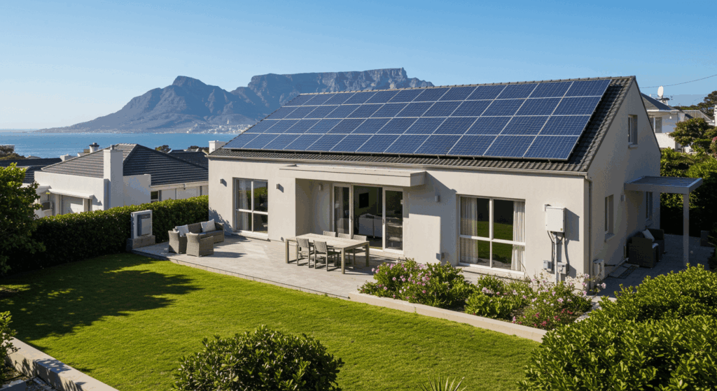 A modern, upscale Cape Town home located in Constantia or Camps Bay, bathed in bright daylight, with sleek solar panels installed on the roof. The house has a clean, minimalist design with large windows, a manicured garden, and outdoor seating. In the background, the Table Mountain or ocean coastline is visible under a clear blue sky. Include subtle solar-related details like a small inverter box on the side wall and a visible energy meter. The scene conveys sustainability, modern living, and renewable energy adoption. Style: realistic, high-resolution, professional architectural photography. Solar Power Installation in Cape Town