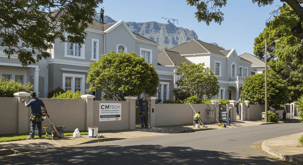 A sunny suburban street in Cape Town’s Southern Suburbs, featuring elegant middle- and upper-class homes with well-maintained gardens, modern façades, and neat driveways. CM Tech maintenance professionals are actively working: one is repairing a roof, another painting an exterior wall, and a third installing a boundary wall. Include tools like ladders, paint buckets, and power tools. The scene conveys professionalism, reliability, and care. The background shows leafy streets, stylish architecture, and a clean, safe neighbourhood atmosphere. Bright, natural lighting emphasizes a welcoming, trustworthy environment. The image should feel realistic, high-quality, and suitable for a property maintenance website.