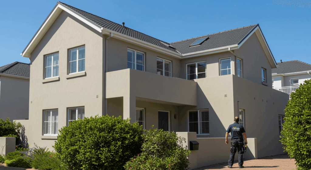 property maintenance benefits A well-maintained modern home in an upper- and middle-class Cape Town suburb such as Claremont or Constantia. The house features a clean roof, freshly painted exterior walls, manicured garden, and clear blue skies. A professional maintenance technician wearing branded CM Tech workwear is inspecting the roof or checking exterior walls with professional tools. The environment feels neat, sunny, and coastal, representing reliability, care, and premium home repair prevention services in Cape Town