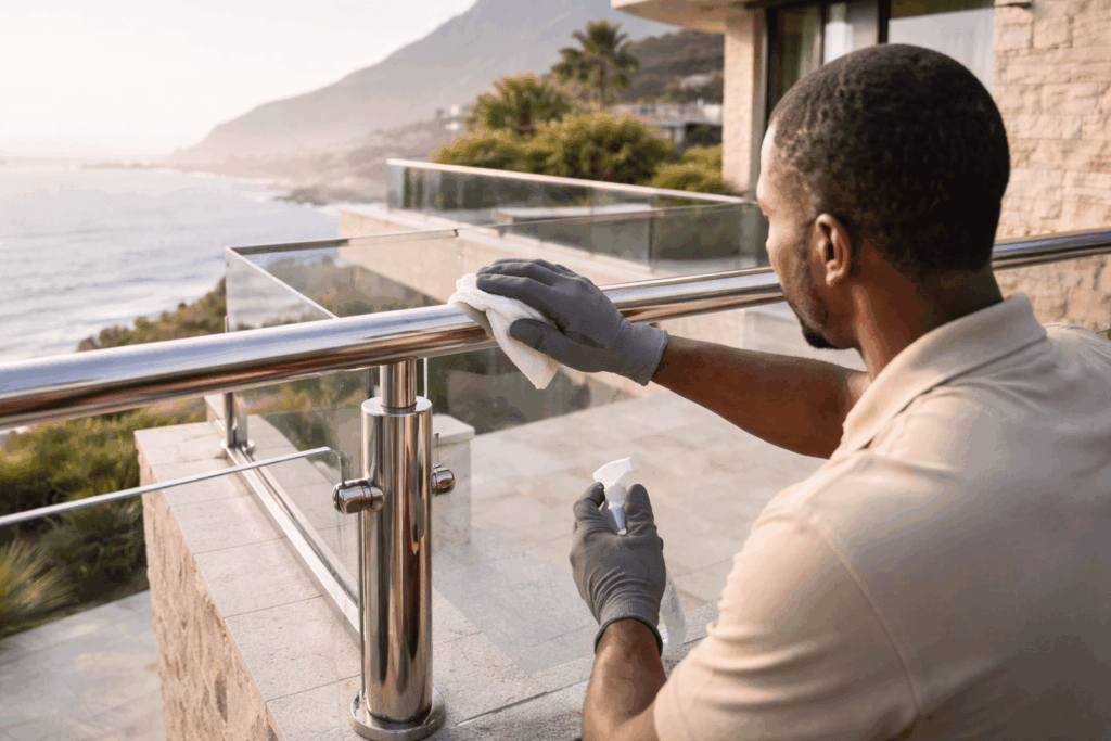 Close-up architectural detail of a luxury coastal home in Camps Bay or Clifton, showing stainless steel balustrades and stone surfaces in pristine condition as a man of colour technician, seen from the back, carefully cleans and inspects metal fixtures for corrosion with ocean mist and subtle sunlight in the background, illustrating Premium Property Maintenance Cape Town.