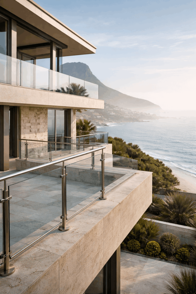 High-value residential property in Bishopscourt or Constantia featuring a large luxury home surrounded by mature trees and landscaped gardens, with a well-maintained driveway and boundary walls in shaded natural light, highlighting structural care, longevity, and Premium Property Maintenance Cape Town through professional architectural photography.