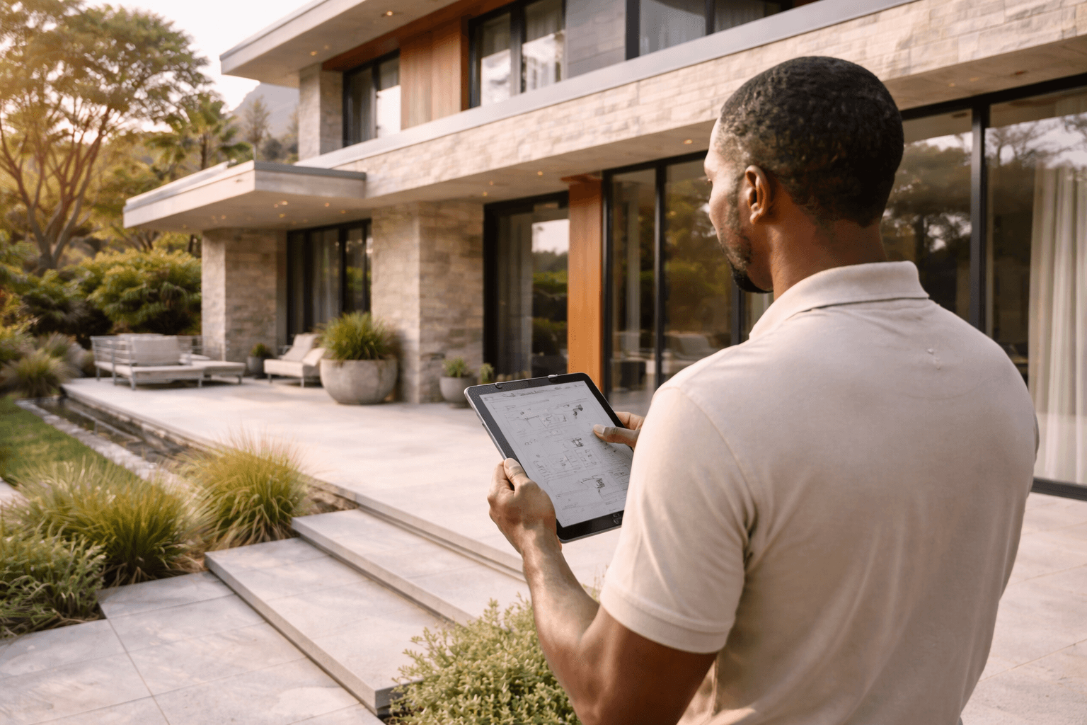 Technician inspecting a luxury modern home from behind, assessing stone and glass architectural elements in soft natural light, highlighting High-End Home Maintenance Services focused on long-term quality, durability, and premium property care.