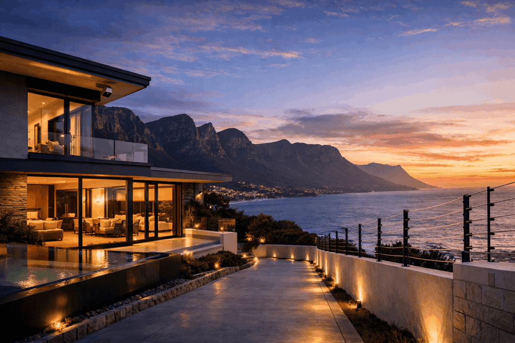 CCTV Installers Camps Bay protecting a luxury modern villa at dusk overlooking the ocean, with discreet security cameras under roof eaves, illuminated driveway, electric fencing and dramatic coastal mountain backdrop.