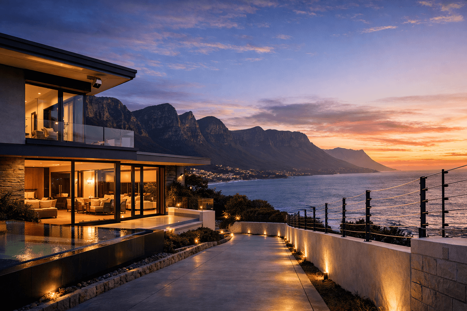 CCTV Installers Camps Bay protecting a luxury modern villa at dusk overlooking the ocean, with discreet security cameras under roof eaves, illuminated driveway, electric fencing and dramatic coastal mountain backdrop.