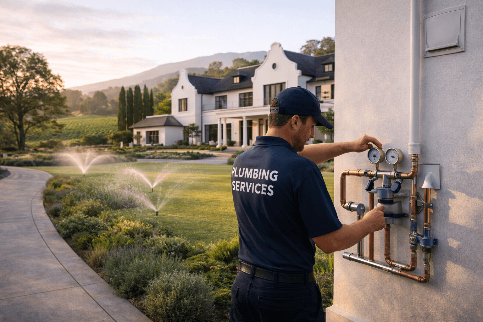Plumbing services Constantia specialist inspecting exterior pressure valves at a luxury Cape Dutch estate with vineyards, landscaped gardens and active irrigation system in early morning light.