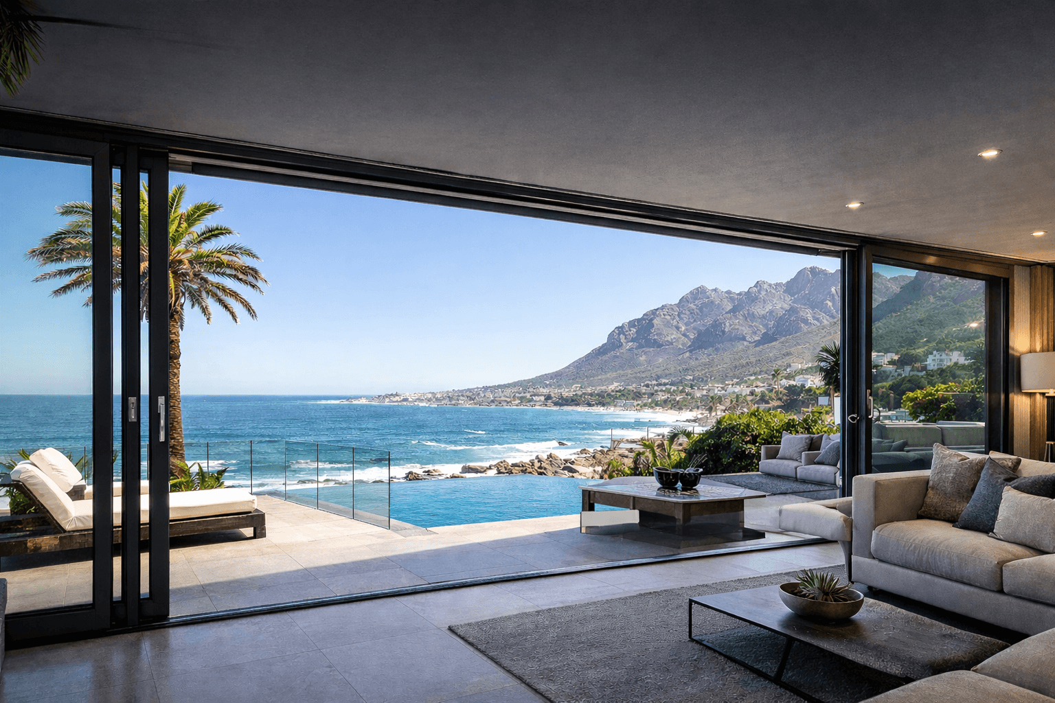 Luxury coastal home with large aluminium doors Camps Bay installation opening to an ocean-view terrace and infinity pool along the Atlantic Seaboard.