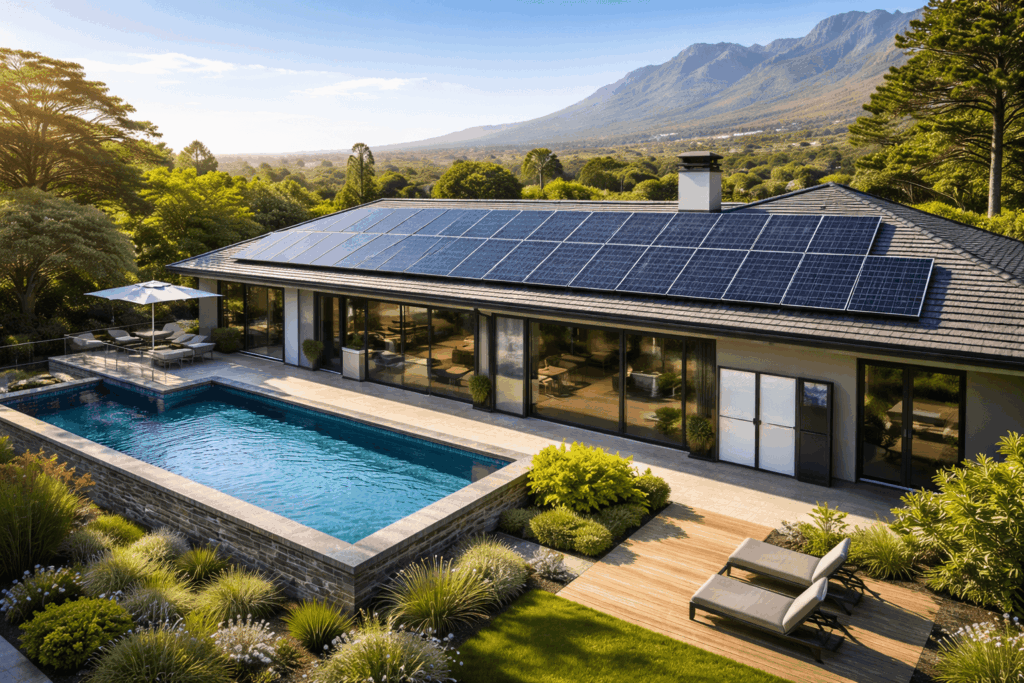 Luxury home with rooftop solar panels as part of a professional solar installation Constantia system designed for energy independence and reliable power.