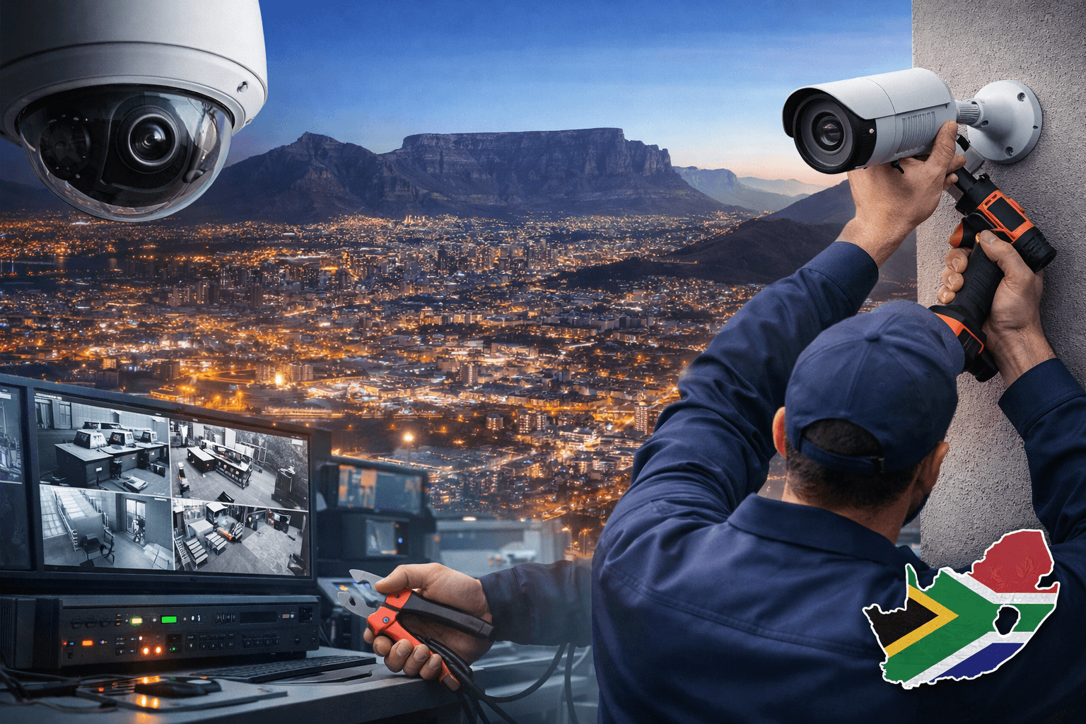 CCTV installation for businesses in Cape Town with technician installing commercial security camera and surveillance monitoring system