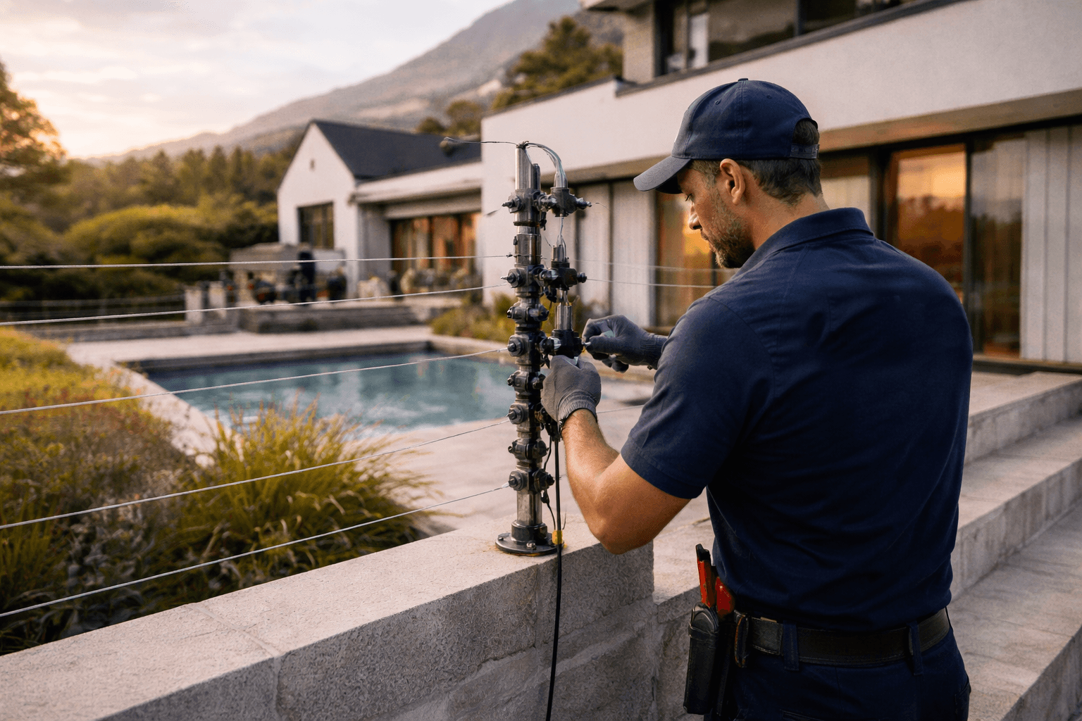 Electric fencing installation at a luxury home in Bishopscourt Cape Town with technician securing perimeter fence