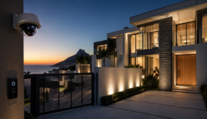 Luxury modern home with integrated smart home security Clifton Cape Town system, featuring CCTV camera and automated gate at sunset