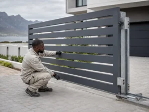 nstaller inspecting galvanised steel gates in Cape Town with a charcoal painted finish