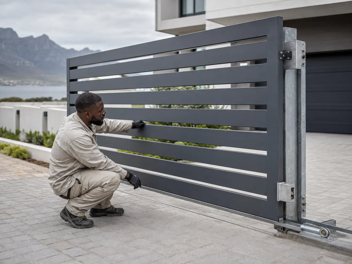 nstaller inspecting galvanised steel gates in Cape Town with a charcoal painted finish