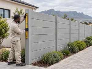 Vibracrete wall cost in Cape Town guide showing a contractor checking a precast boundary wall