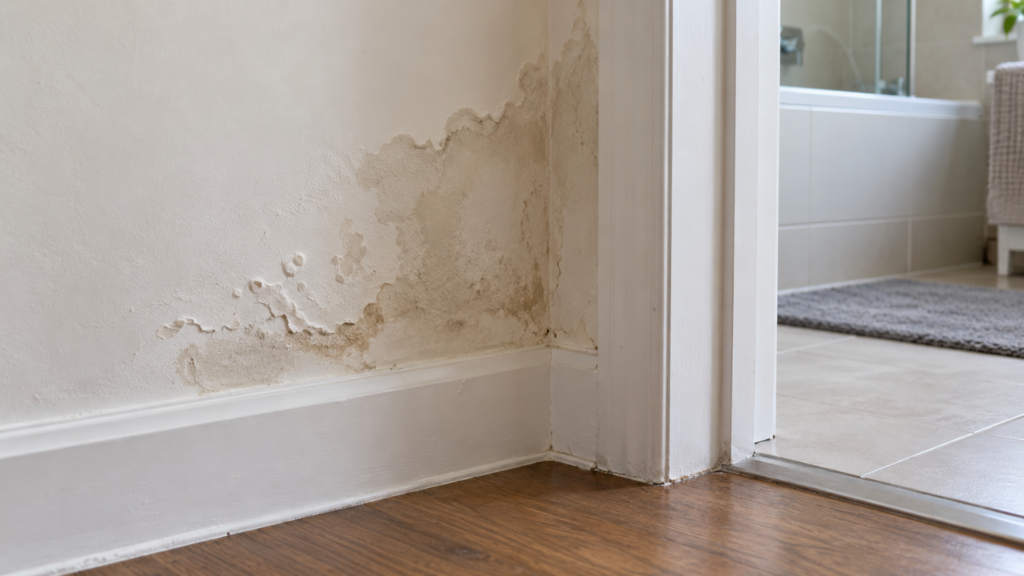 Damp stain and peeling paint above a skirting board beside a bathroom doorway.